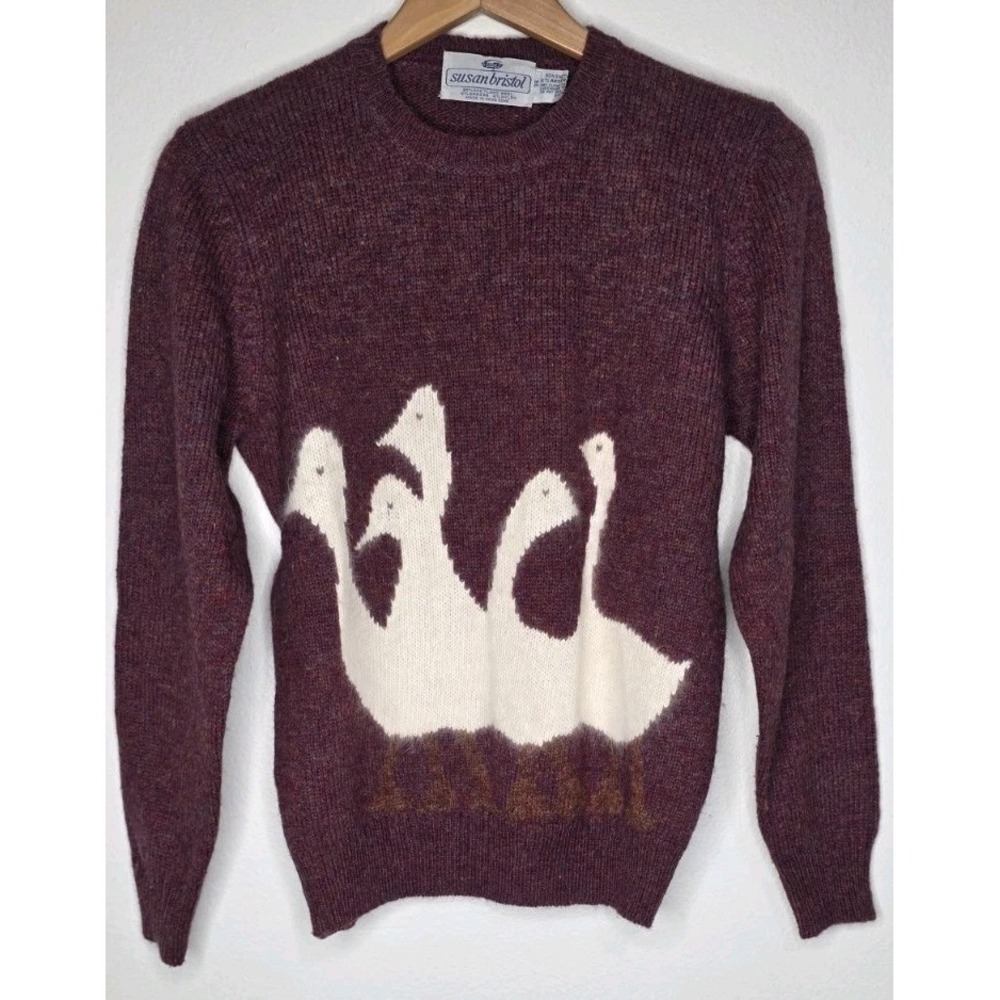 Vintage 80s Ducks Susan Bristol Angora Wool Animal Novelty Knit Sweater 38 Women - Picture 1 of 5